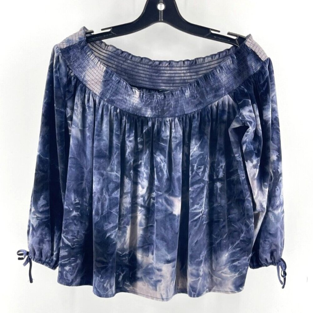 American Eagle Outfitters Blue Velour Cold Shoulder Crop Top Blouse Size Medium